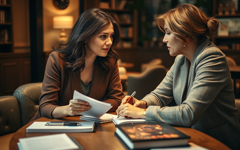 two ladies discussing over a table in a library